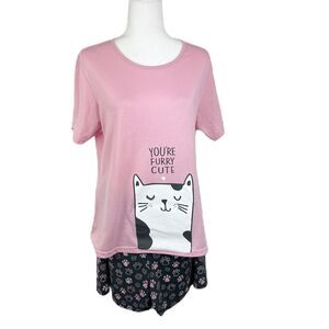 SM Woman 2 Piece Loungewear Women Large Pink Gray Cat Print Shirt Shorts Set